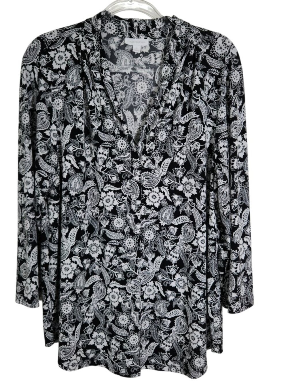 Charter Club Womens Top Blouse Size XLarge Black White Floral Stretch 3/4 Sleeve